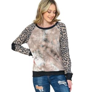 Taupe Elbow Patch Animal Print & Tie-Dye Raglan Top
